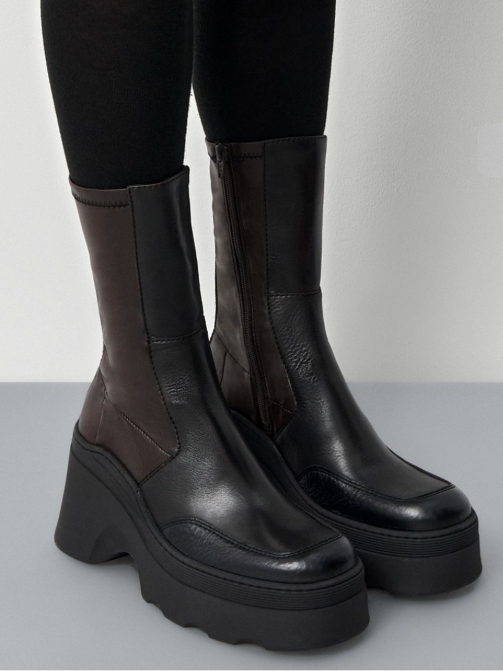 Miista Deandra Platform Mid-Calf Leather Boots in Dark Brown/Black 6.5